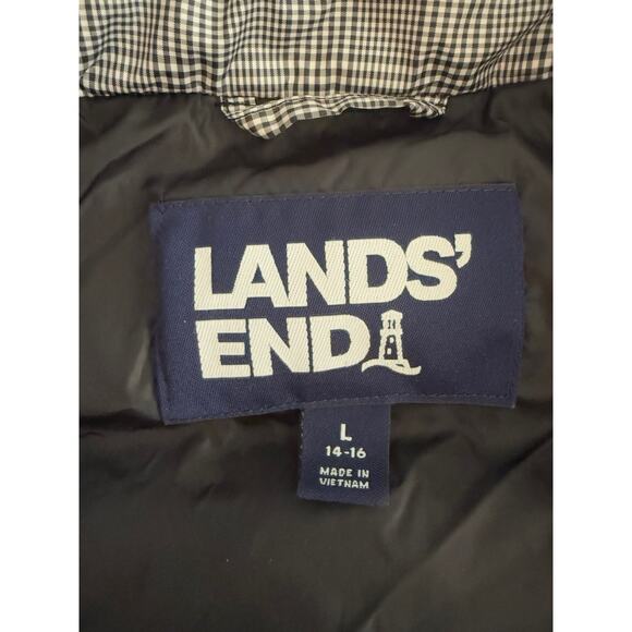 LANDS END Black White Micro Gingham Down Puffer Vest Funnel Neck Preppy EUC Lg - Picture 6 of 7